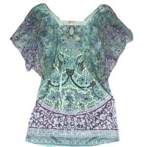One World Shirt Womens S Blue Paisley Rhinestones Sheer Sleeve Butterfly‎ Fairy